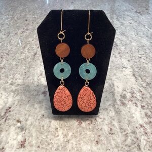 New Dangle Earrings in Wood, Resin: Turquoise & Terracotta. Artisan Made